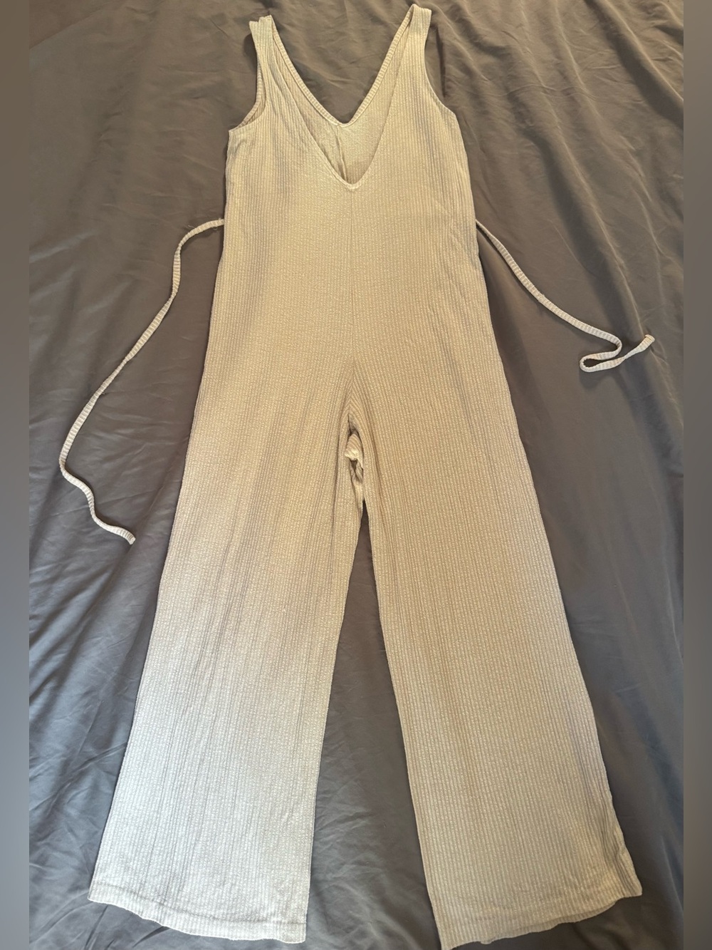 ASOS Ribbed V-Neck Sleeveless Jumpsuit in Cream